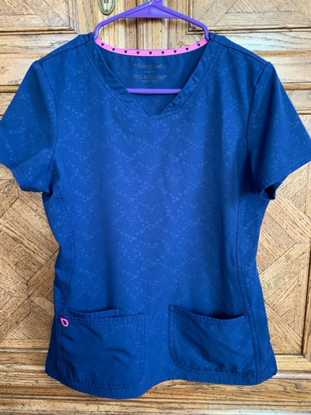 HeartSoul Navy Blue V-Neck Scrub Top with Pink Heart Trim